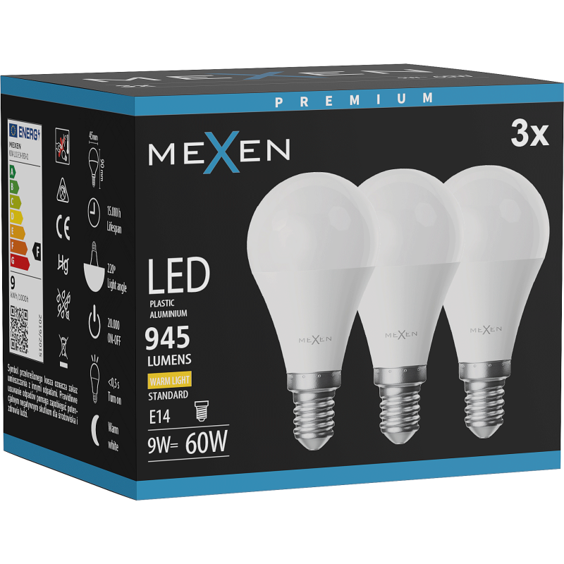 Mexen Nova 3x Ampoule LED E14, G45, 9W, Chaude - 3000K, 945 lm - L101-E14-0930-01x03