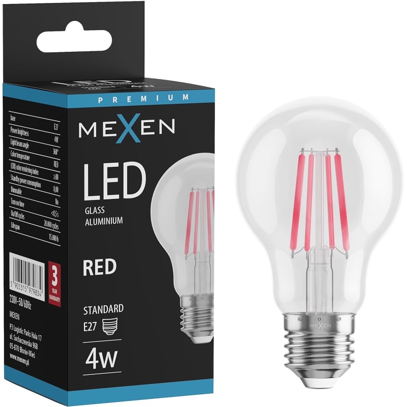 Mexen Vintis Ampoule à filament LED E27, A60, 4W, 55 lm, rouge - L150-E27-04XX-45