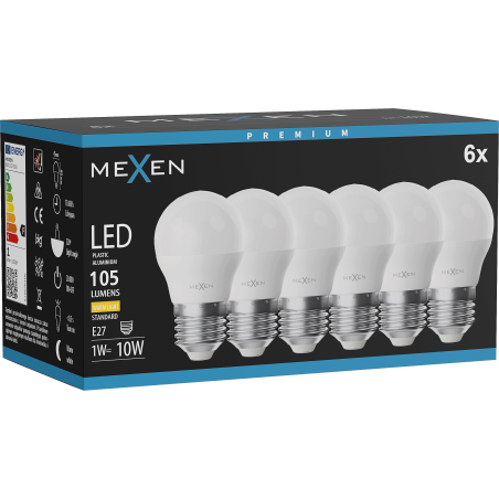 Mexen Nova 6x Ampoule LED E27, G45, 1W, Chaude - 3000K, 105 lm - L101-E27-0130-01x06