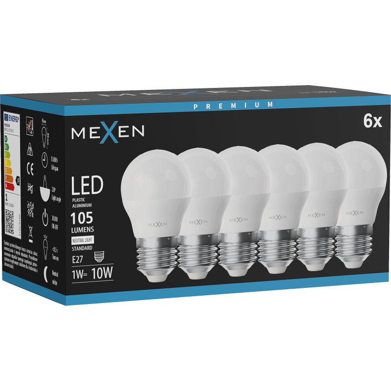 Mexen Nova 6x Ampoule LED E27, G45, 1W, Neutre - 4000K, 105 lm - L101-E27-0140-01x06
