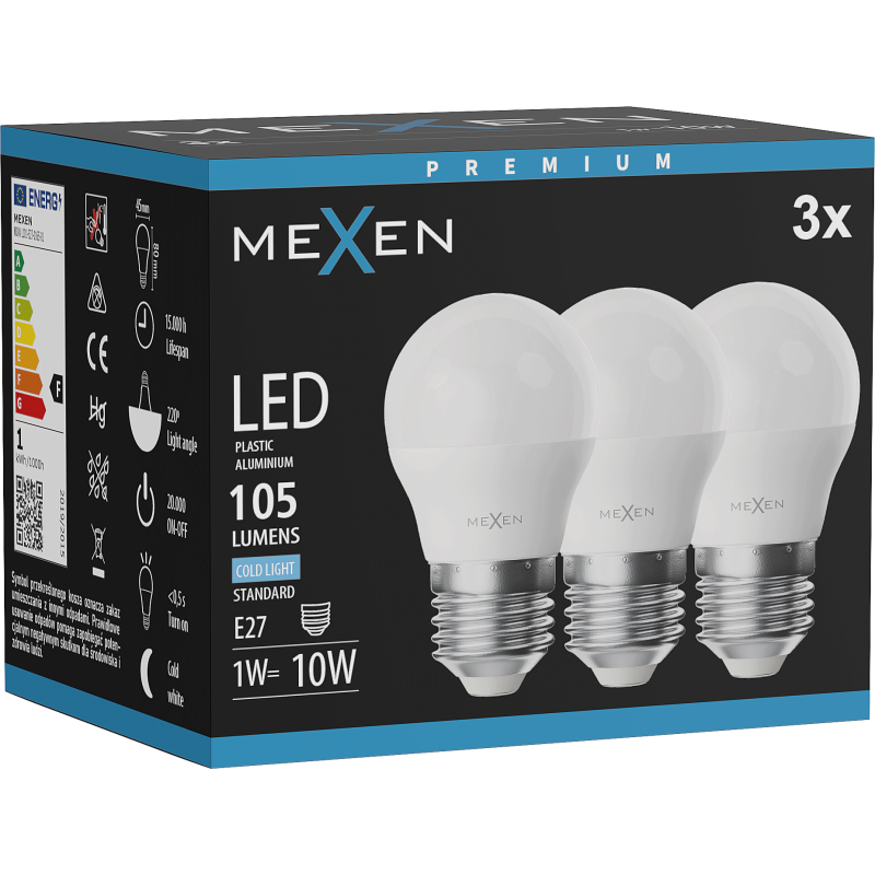 Mexen Nova 3x Ampoule LED E27, G45, 1W, Froid - 6500K, 105 lm - L101-E27-0165-01x03