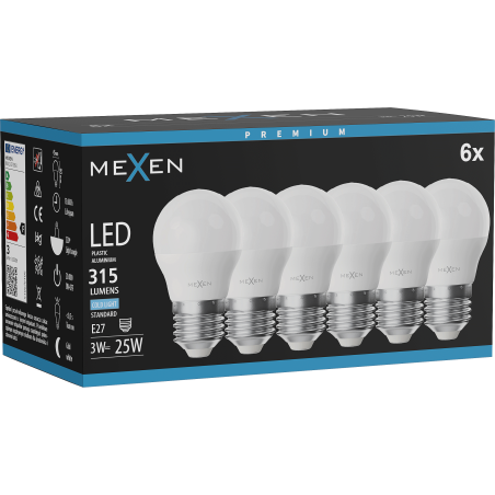 Mexen Nova 6x Ampoule LED E27, G45, 3W, Froid - 6500K, 315 lm - L101-E27-0365-01x06