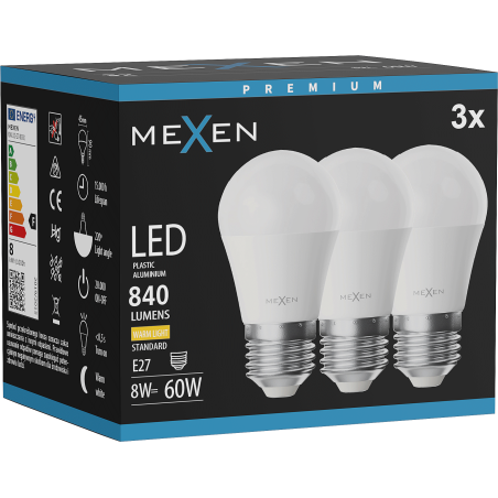 Mexen Nova 3x Ampoule LED E27, G45, 8W, Chaude - 3000K, 840 lm - L101-E27-0830-01x03