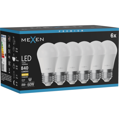 Mexen Nova 6x Ampoule LED E27, G45, 8W, Chaude - 3000K, 840 lm - L101-E27-0830-01x06