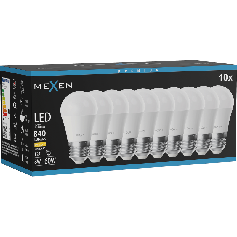 Mexen Nova 10x Ampoule LED E27, G45, 8W, Chaude - 3000K, 840 lm - L101-E27-0830-01x10