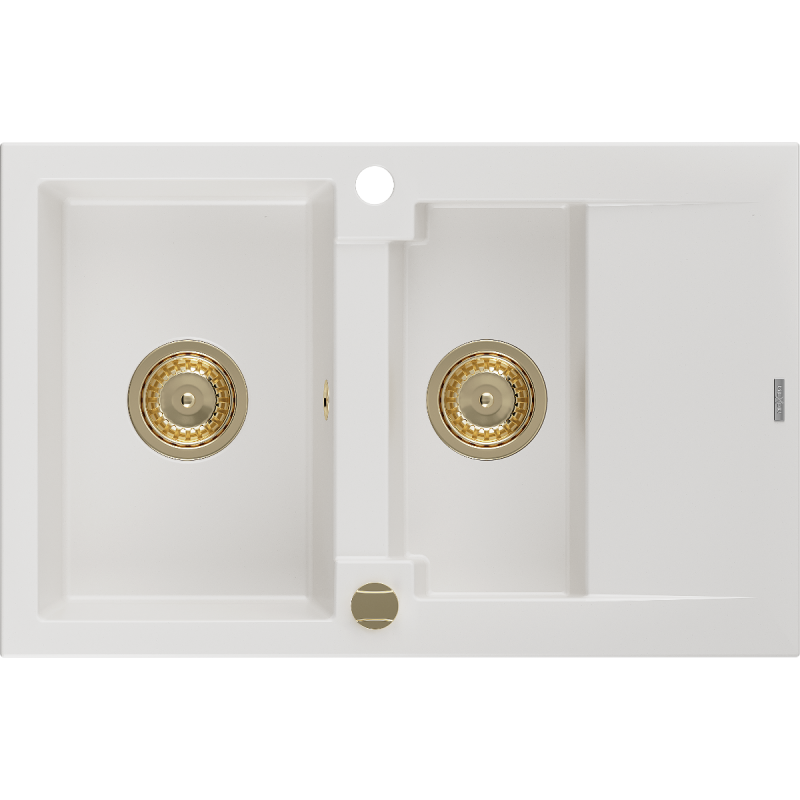Mexen Gaspar évier en granit 1,5 bac avec drain 737 x 475 mm, blanc, siphon doré - 6507731505-20-G