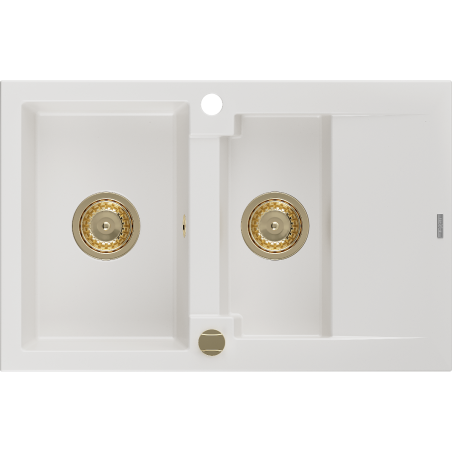 Mexen Gaspar évier en granit 1,5 bac avec égouttoir 737 x 475 mm, blanc, siphon doré - 6507731505-20-G
