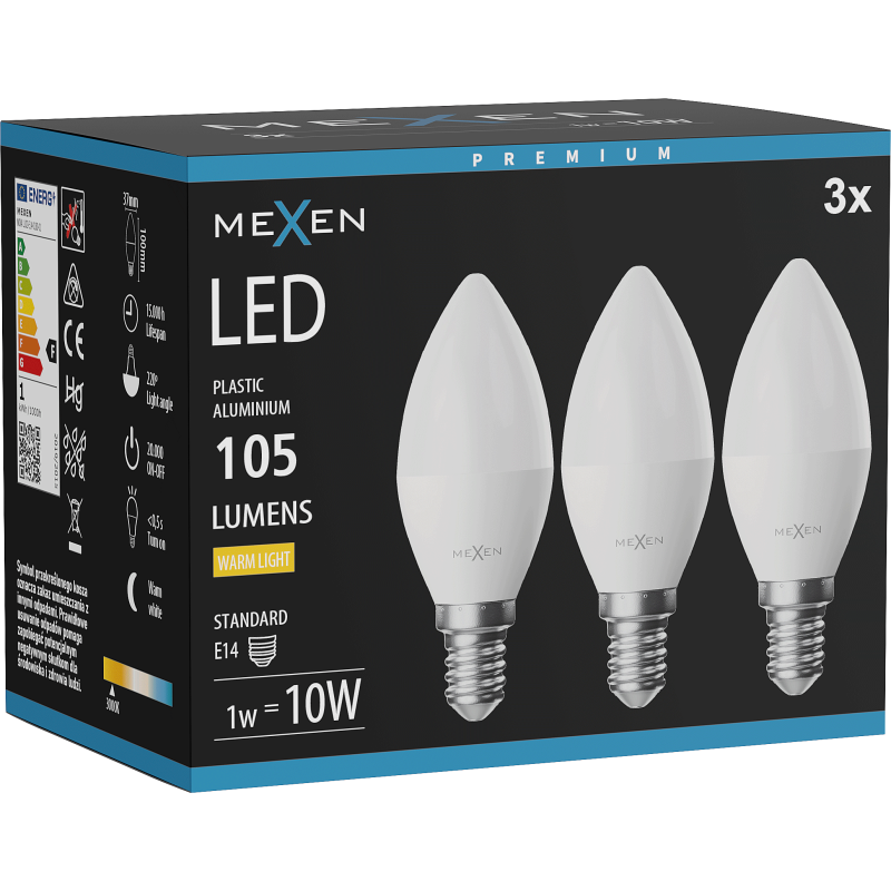 Mexen Nova 3x Ampoule LED E14, C37, 1W, Chaude - 3000K, 105 lm - L102-E14-0130-01x03