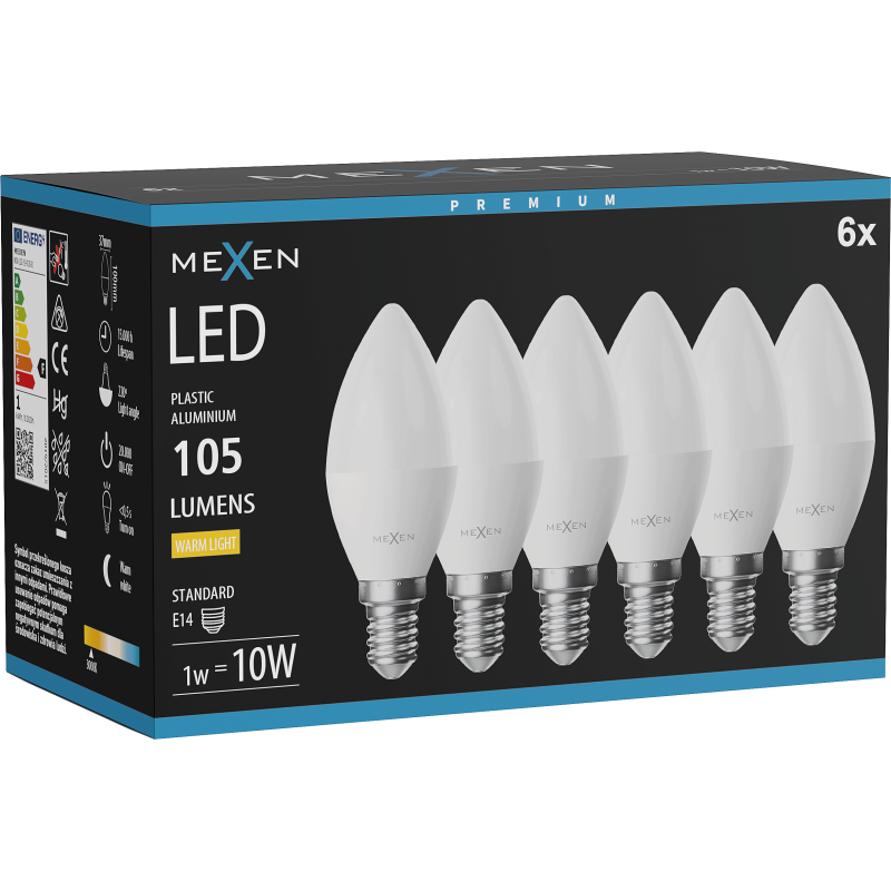 Mexen Nova 6x Ampoule LED E14, C37, 1W, Chaude - 3000K, 105 lm - L102-E14-0130-01x06