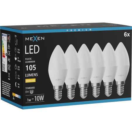 Mexen Nova 6x Ampoule LED E14, C37, 1W, Chaude - 3000K, 105 lm - L102-E14-0130-01x06