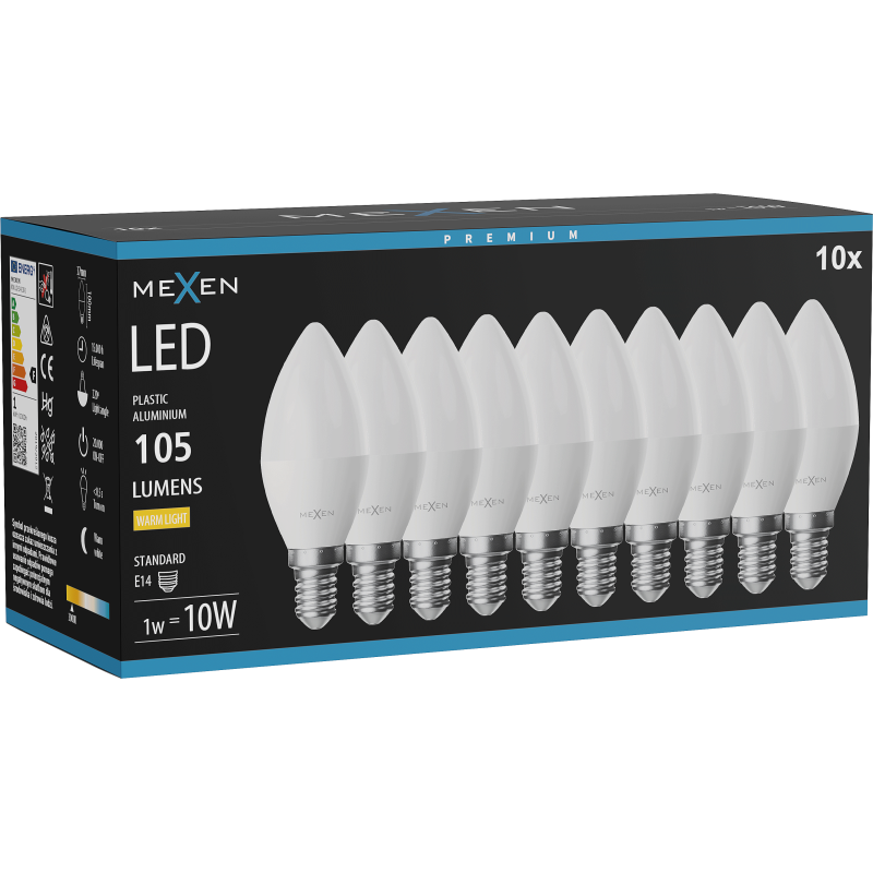 Mexen Nova 10x Ampoule LED E14, C37, 1W, Chaude - 3000K, 105 lm - L102-E14-0130-01x10