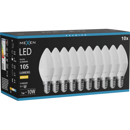 Mexen Nova 10x Ampoule LED E14, C37, 1W, Chaude - 3000K, 105 lm - L102-E14-0130-01x10