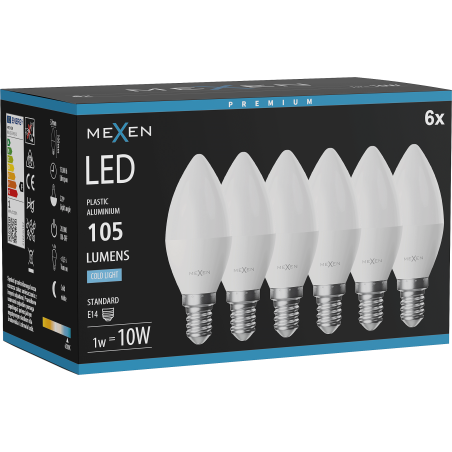 Mexen Nova 6x Ampoule LED E14, C37, 1W, Froide - 6500K, 105 lm - L102-E14-0165-01x06
