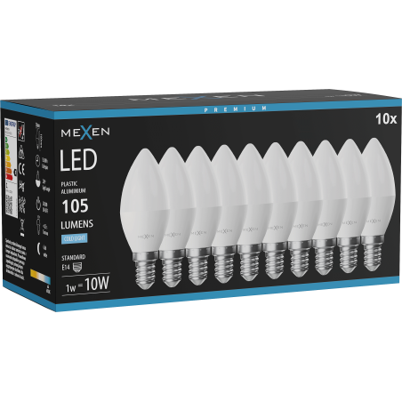 Mexen Nova 10x Ampoule LED E14, C37, 1W, Froid - 6500K, 105 lm - L102-E14-0165-01x10