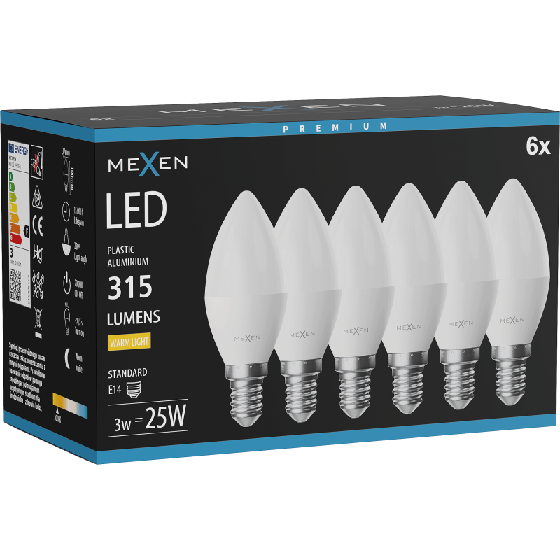 Mexen Nova 6x Ampoule LED E14, C37, 3W, Chaude - 3000K, 315 lm - L102-E14-0330-01x06