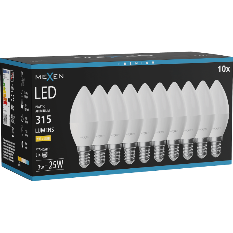 Mexen Nova 10x Ampoule LED E14, C37, 3W, Chaude - 3000K, 315 lm - L102-E14-0330-01x10