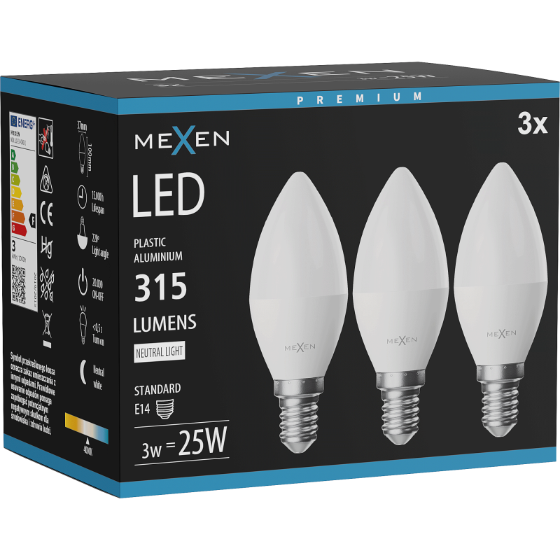 Mexen Nova 3x Ampoule LED E14, C37, 3W, Neutre - 4000K, 315 lm - L102-E14-0340-01x03