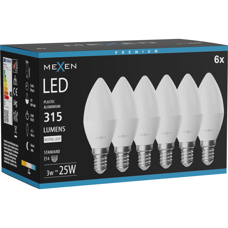 Mexen Nova 6x Ampoule LED E14, C37, 3W, Neutre - 4000K, 315 lm - L102-E14-0340-01x06
