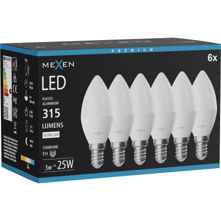 Mexen Nova 6x Ampoule LED E14, C37, 3W, Neutre - 4000K, 315 lm - L102-E14-0340-01x06