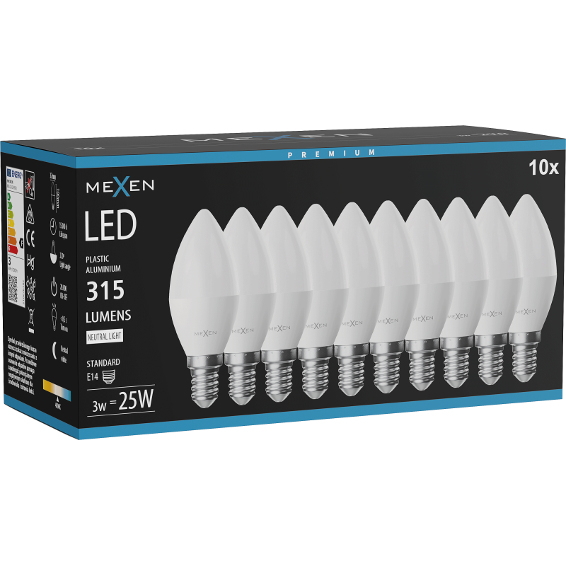 Mexen Nova 10x Ampoule LED E14, C37, 3W, Neutre - 4000K, 315 lm - L102-E14-0340-01x10