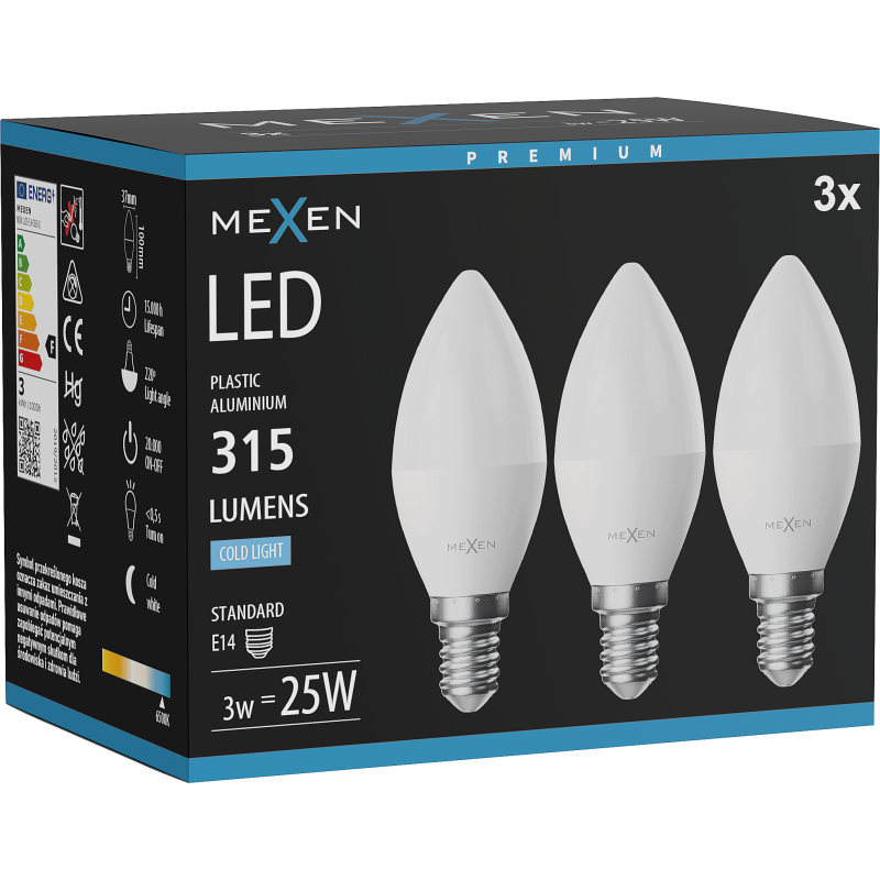 Mexen Nova 3x Ampoule LED E14, C37, 3W, Froid - 6500K, 315 lm - L102-E14-0365-01x03