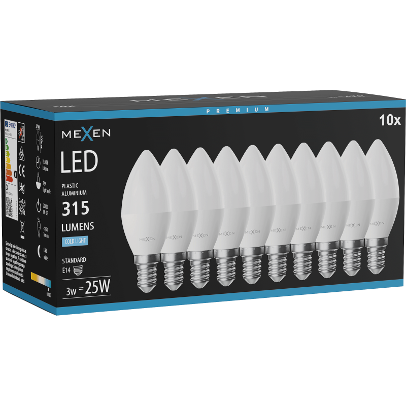 Mexen Nova 10x Ampoule LED E14, C37, 3W, Froid - 6500K, 315 lm - L102-E14-0365-01x10