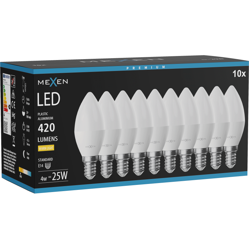 Mexen Nova 10x Ampoule LED E14, C37, 4W, Chaude - 3000K, 420 lm - L102-E14-0430-01x10