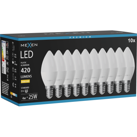 Mexen Nova 10x Ampoule LED E14, C37, 4W, Chaude - 3000K, 420 lm - L102-E14-0430-01x10