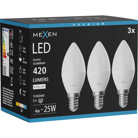 Mexen Nova 3x Ampoule LED E14, C37, 4W, Neutre - 4000K, 420 lm - L102-E14-0440-01x03