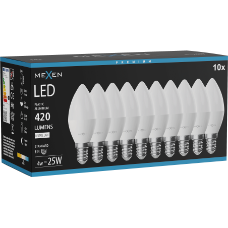 Mexen Nova 10x Ampoule LED E14, C37, 4W, Neutre - 4000K, 420 lm - L102-E14-0440-01x10