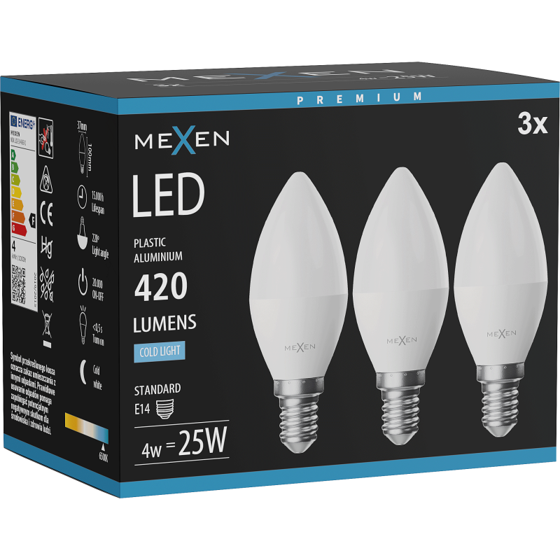 Mexen Nova 3x Ampoule LED E14, C37, 4W, Froid - 6500K, 420 lm - L102-E14-0465-01x03