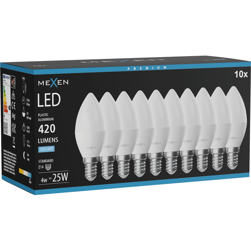 Mexen Nova 10x Ampoule LED E14, C37, 4W, Froid - 6500K, 420 lm - L102-E14-0465-01x10