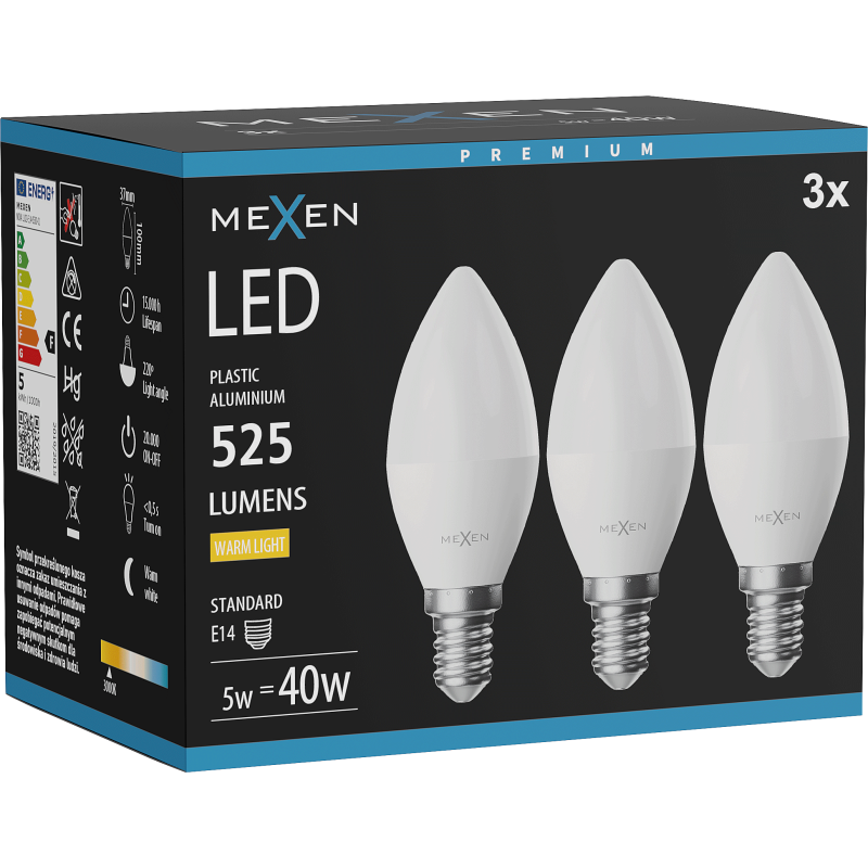 Mexen Nova 3x Ampoule LED E14, C37, 5W, Chaude - 3000K, 525 lm - L102-E14-0530-01x03