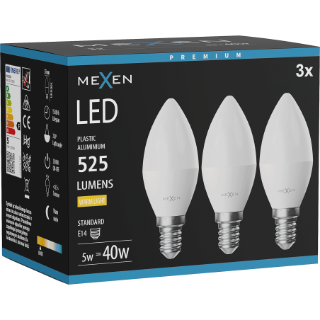 Mexen Nova 3x Ampoule LED E14, C37, 5W, Chaude - 3000K, 525 lm - L102-E14-0530-01x03