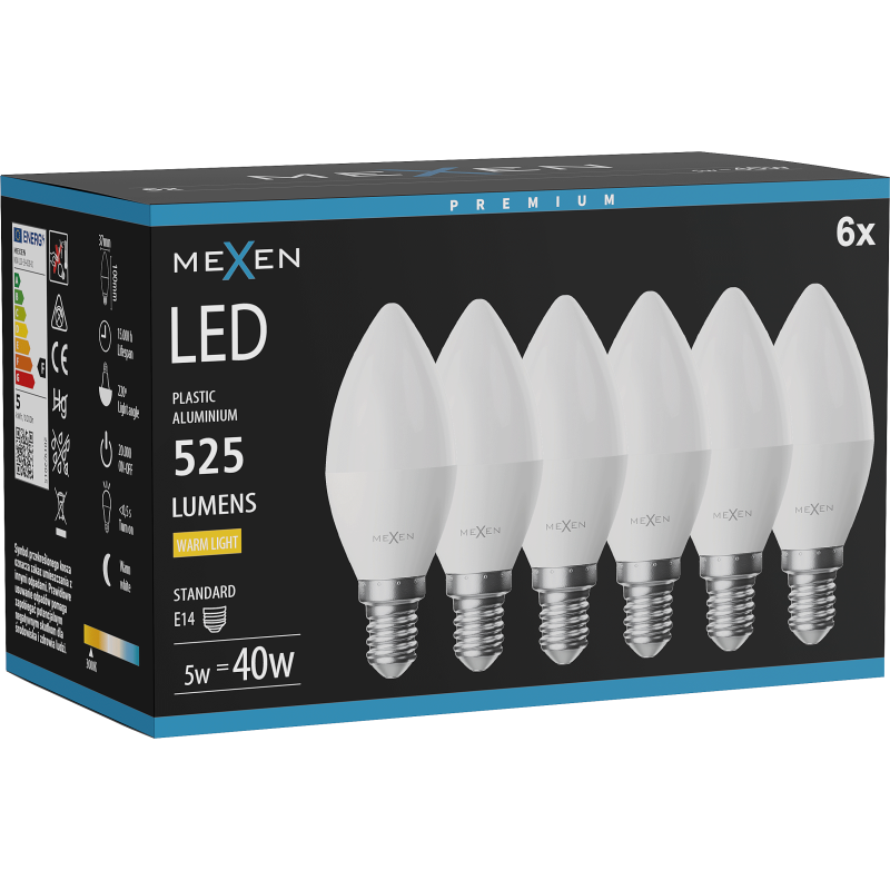 Mexen Nova 6x Ampoule LED E14, C37, 5W, Chaude - 3000K, 525 lm - L102-E14-0530-01x06