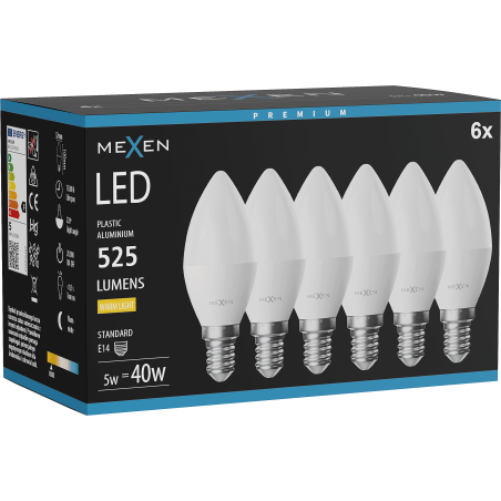 Mexen Nova 6x Ampoule LED E14, C37, 5W, Chaude - 3000K, 525 lm - L102-E14-0530-01x06