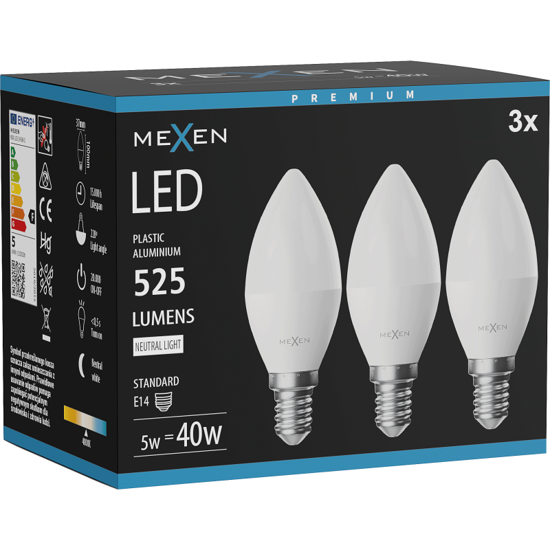Mexen Nova 3x Ampoule LED E14, C37, 5W, Neutre - 4000K, 525 lm - L102-E14-0540-01x03