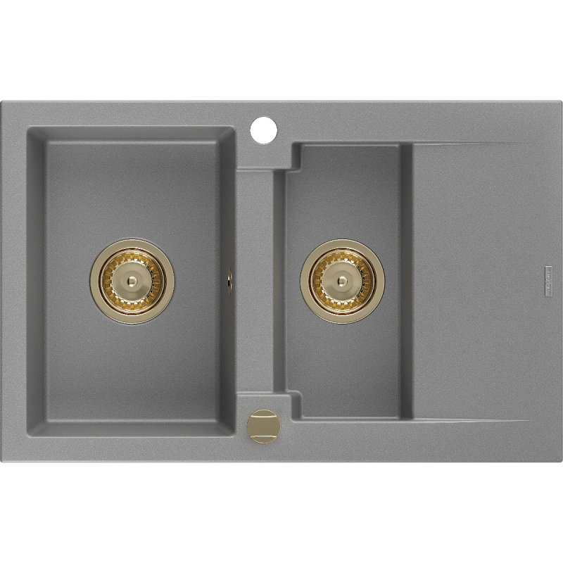 Mexen Gaspar évier en granit à 1,5 cuvette avec égouttoir 737 x 475 mm, Gris, siphon Or - 6507731505-71-G