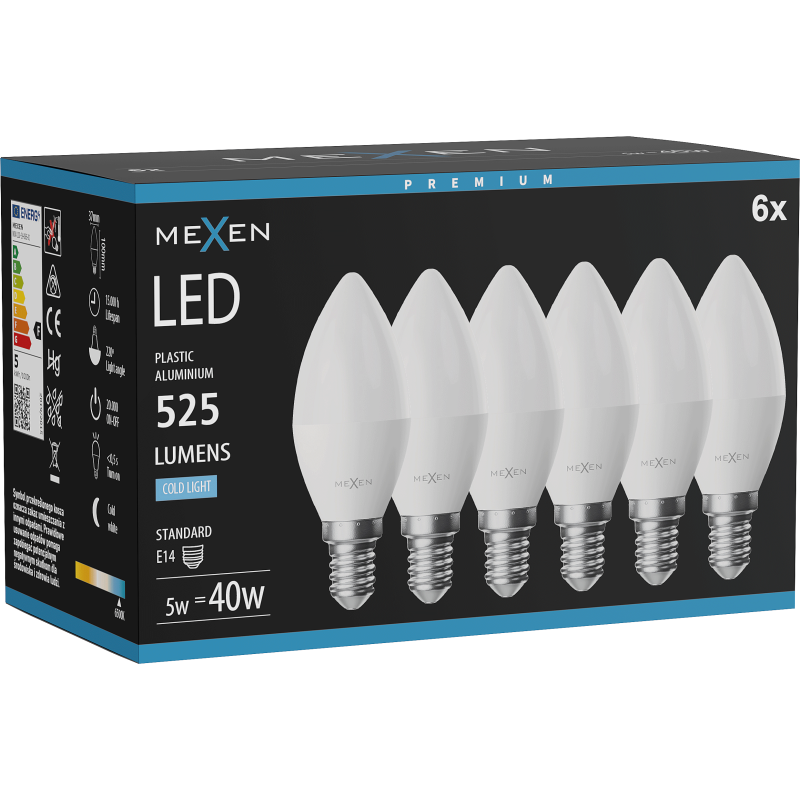 Mexen Nova 6x Ampoule LED E14, C37, 5W, Froid - 6500K, 525 lm - L102-E14-0565-01x06