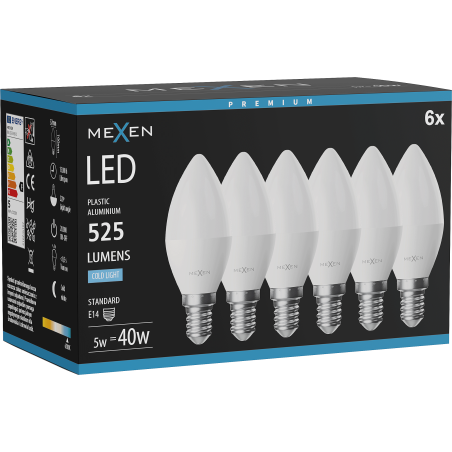 Mexen Nova 6x Ampoule LED E14, C37, 5W, Froid - 6500K, 525 lm - L102-E14-0565-01x06
