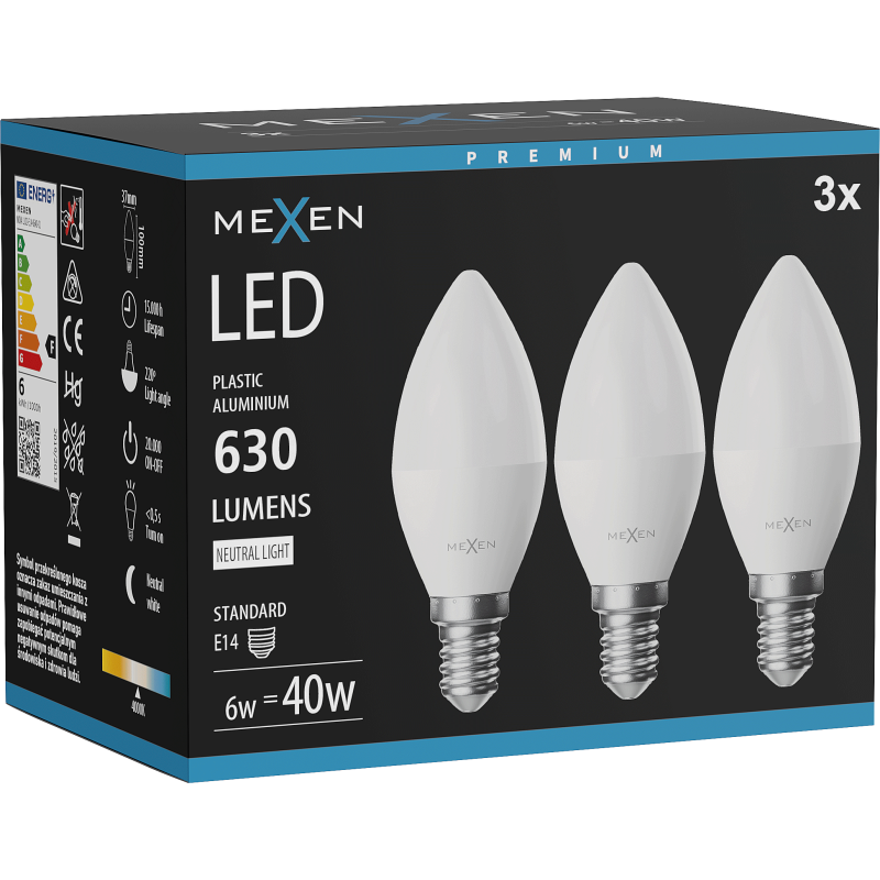 Mexen Nova 3x Ampoule LED E14, C37, 6W, Neutre - 4000K, 630 lm - L102-E14-0640-01x03