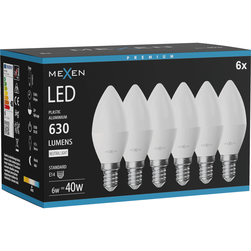Mexen Nova 6x Ampoule LED E14, C37, 6W, Neutre - 4000K, 630 lm - L102-E14-0640-01x06