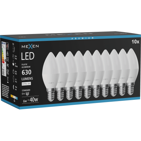 Mexen Nova 10x Ampoule LED E14, C37, 6W, Neutre - 4000K, 630 lm - L102-E14-0640-01x10