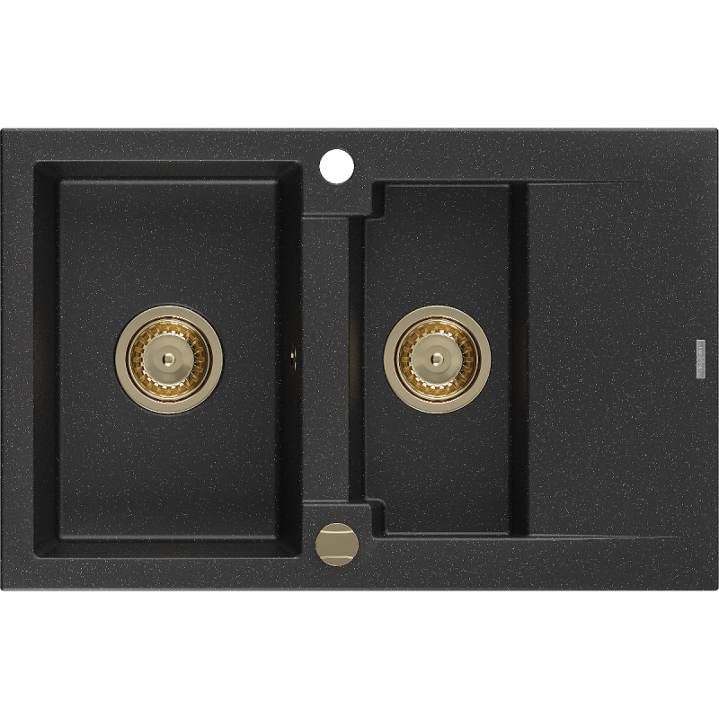 Mexen Gaspar évier en granit à 1,5 cuvette avec égouttoir 737 x 475 mm, Noir/ Argent métallique, siphon Or - 6507731505-73-G