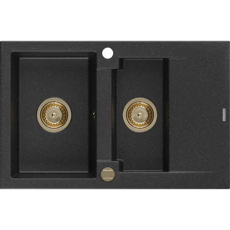 Mexen Gaspar évier en granit à 1,5 cuvette avec égouttoir 737 x 475 mm, Noir/ Argent métallique, siphon Or - 6507731505-73-G