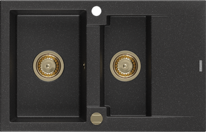 Mexen Gaspar évier en granit à 1,5 cuvette avec égouttoir 737 x 475 mm, Noir/ Argent métallique, siphon Or - 6507731505-73-G