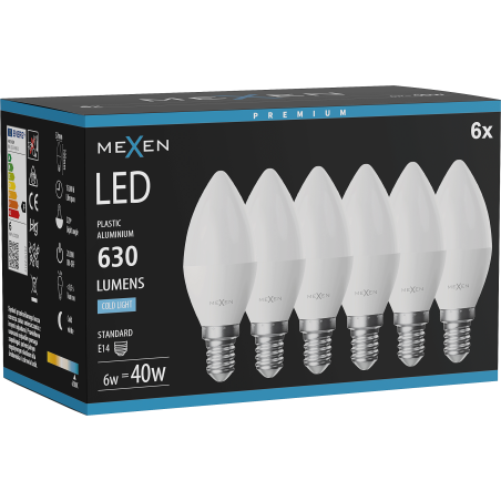 Mexen Nova 6x Ampoule LED E14, C37, 6W, Froid - 6500K, 630 lm - L102-E14-0665-01x06
