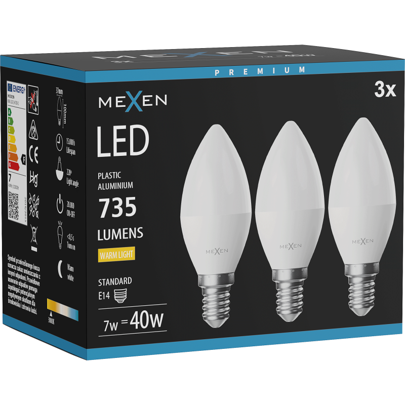 Mexen Nova 3x Ampoule LED E14, C37, 7W, Chaude - 3000K, 735 lm - L102-E14-0730-01x03
