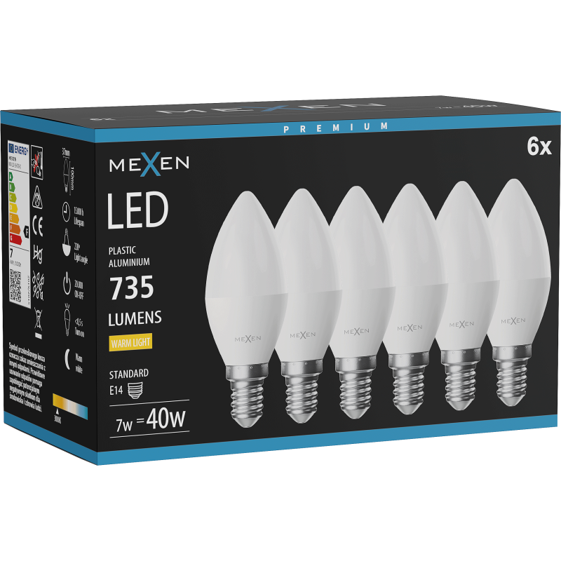 Mexen Nova 6x Ampoule LED E14, C37, 7W, Chaude - 3000K, 735 lm - L102-E14-0730-01x06