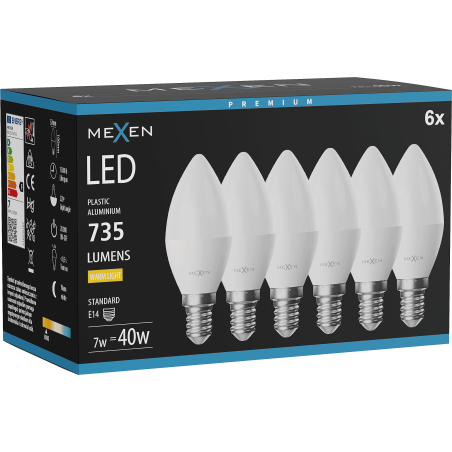Mexen Nova 6x Ampoule LED E14, C37, 7W, Chaude - 3000K, 735 lm - L102-E14-0730-01x06